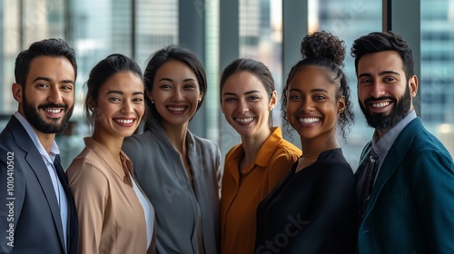 A cropped portrait shows diverse businesspeople smiling in a vibrant, modern office, highlighting teamwork.