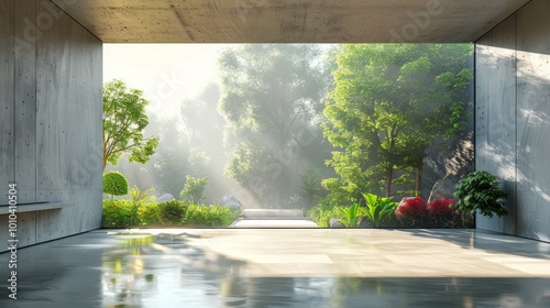 A minimalist concrete room with a large window overlooking a lush  green garden with sunlight streaming through the trees.