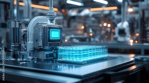 Holographic AI display monitoring food packaging, ultra-clean factory floor, cyberpunk theme, neon blue and white highlights, 3D illustration, precise details, high-tech atmosphere