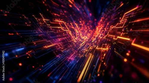 Abstract digital circuitry with vibrant neon colors