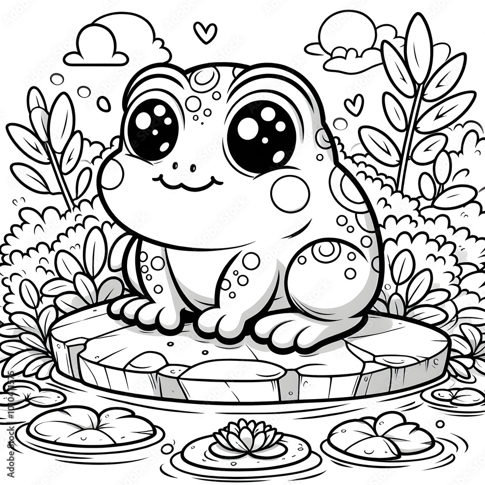Obraz premium Coloring Page Black Ink drawing on a white page of a cute adorable frog.