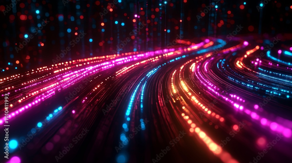 Fotografie Vibrant abstract light trails in a digital landscape