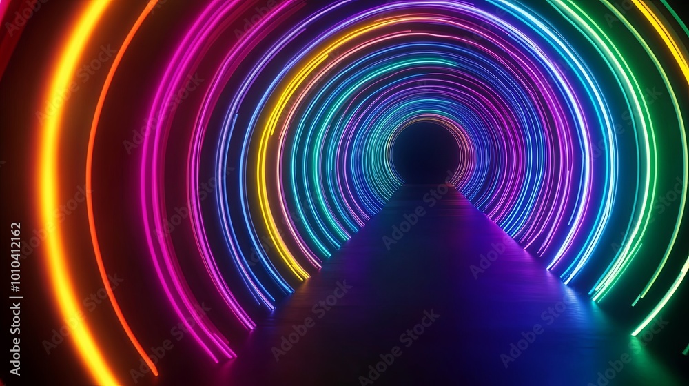 Vibrant neon tunnel with colorful light trails Vibrant neon tunnel with colorful light trails