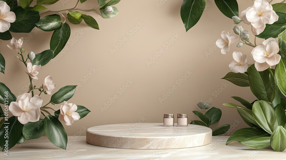 Modern, minimal beige geometric round cylinder podium, green tree twig in sunlight, shadow on wall for luxury beauty, skincare, cosmetic, body care product display background 3D Modern, minimal beige geometric round cylinder podium, green tree twig in sunlight, shadow on wall for luxury beauty, skincare, cosmetic, body care product display background 3D