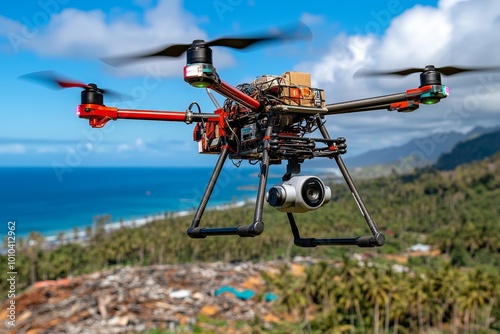 A high-tech drone delivering supplies over a devastated landscape, symbolizing the future challenges of resource scarcity and technological adaptation