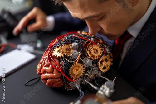 A human brain connected to wires and gears, symbolizing the idea that thoughts and actions are determined by biological and physical processes, without free will