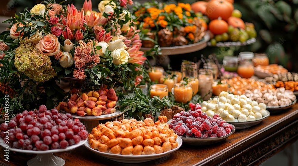 A vibrant display of fruits and pastries arranged elegantly for a festive occasion. A vibrant display of fruits and pastries arranged elegantly for a festive occasion.