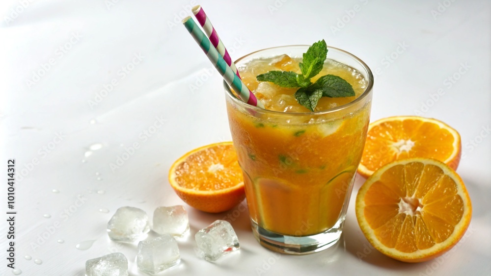Refreshing orange drink with ice, garnished with mint and straws. Refreshing orange drink with ice, garnished with mint and straws.