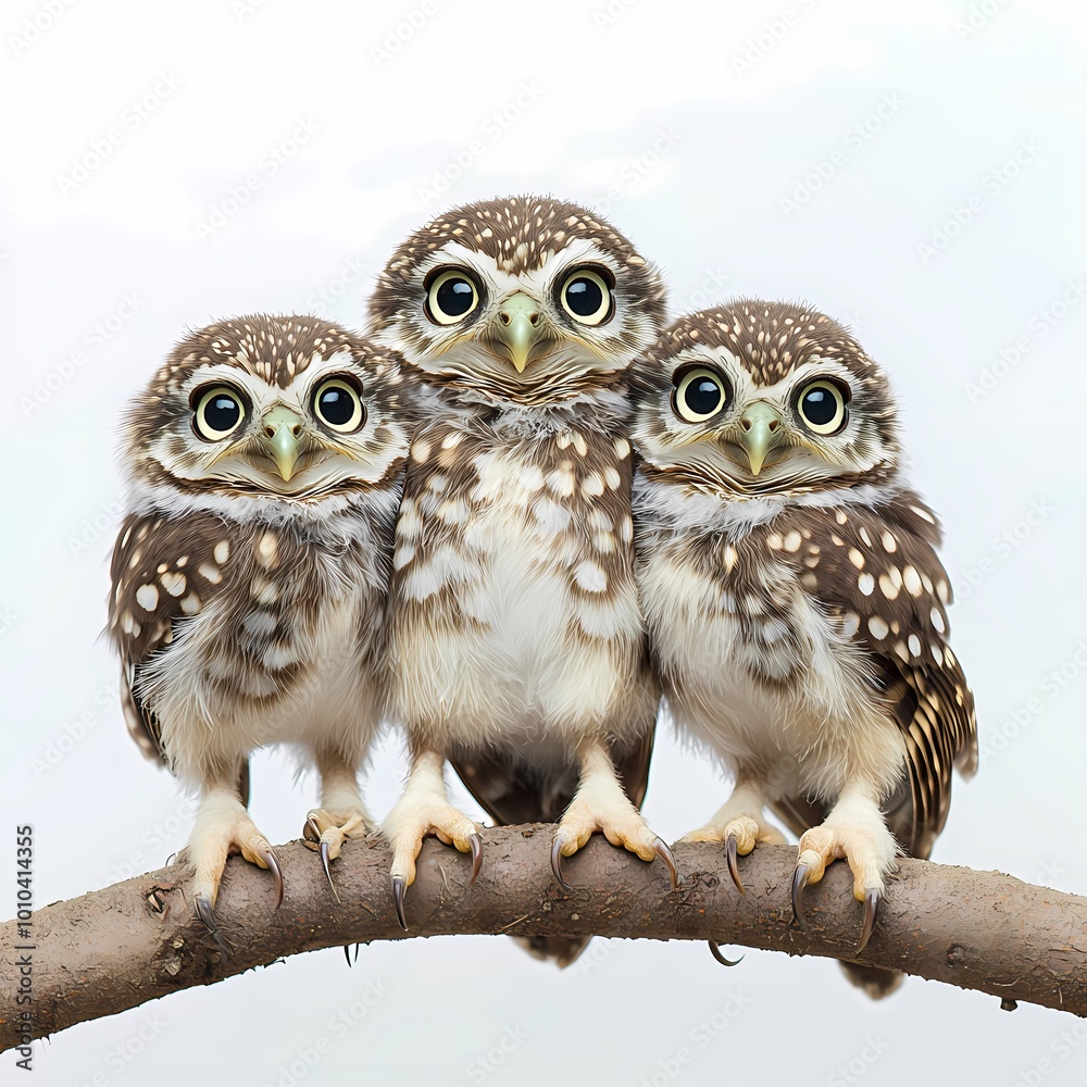 Family of Cute Owls Perched on a Branch Family of Cute Owls Perched on a Branch
