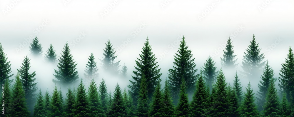 Obraz premium Fog rolling through a dense forest, with trees disappearing into the mist, creating a serene and mysterious atmosphere