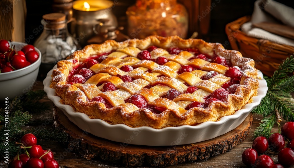 Freshly Baked Cherry Pie with Lattice Crust on Rustic Table Freshly Baked Cherry Pie with Lattice Crust on Rustic Table