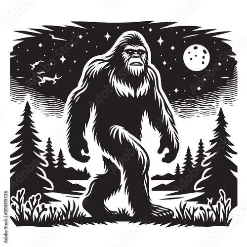 Bigfoot Yeti black and white silhouette  vector design