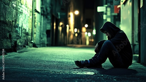 Sad teenager sitting in an alleyway all alone at night. Depressed helpless man sitting in the dark alleyway