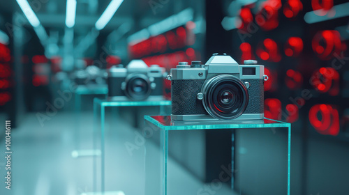 High quality cameras displayed in modern showroom with vibrant red lighting, showcasing their sleek design and advanced features. atmosphere is tech savvy and inviting