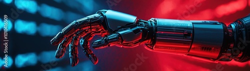 futuristic robotic hand reaching out, showcasing advanced technology and intricate design, set against vibrant background of blue and red lights