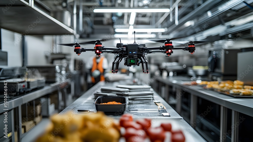 An advanced industrial kitchen where AI-powered drones use laser sensors to monitor food quality and ensure no contamination, sleek and modern An advanced industrial kitchen where AI-powered drones use laser sensors to monitor food quality and ensure no contamination, sleek and modern