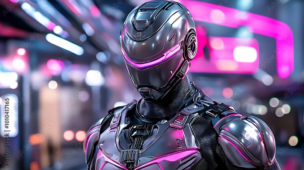 Futuristic Cyborg Robot in Neon City Lights Futuristic Cyborg Robot in Neon City Lights
