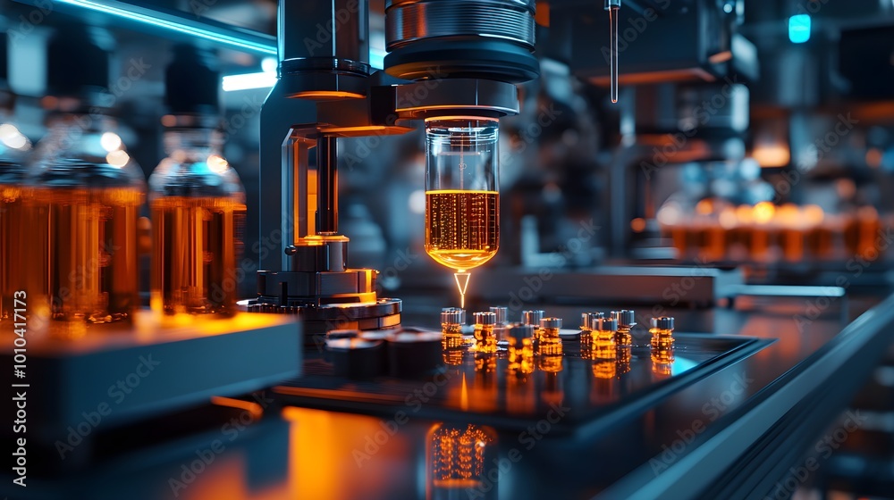 High-tech food factory with AI-driven machines using precision lasers to inspect fruits for contamination, bright lasers illuminating each product High-tech food factory with AI-driven machines using precision lasers to inspect fruits for contamination, bright lasers illuminating each product
