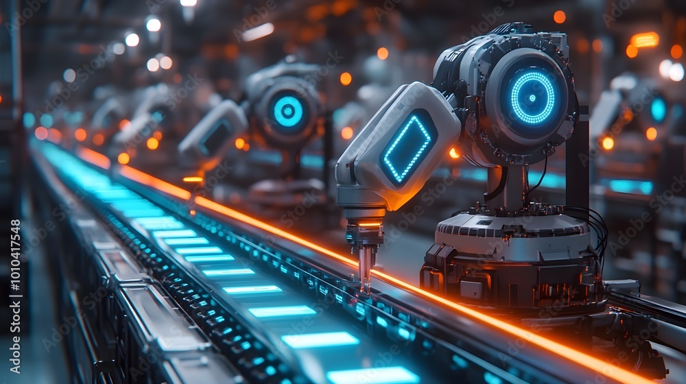 Obraz premium Multiple robot arms equipped with holographic scanning sensors, moving along a food production line, with glowing blue holograms indicating imperfections, clean industrial, sci-fi, 3D realism
