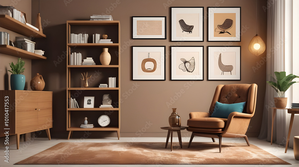 Stylish interior of living room with design brown armchair, wooden bookcase, pendant lamp, carpet decor, picture frames and elegant personal accessories in modern retro home decor. Template. Stylish interior of living room with design brown armchair, wooden bookcase, pendant lamp, carpet decor, picture frames and elegant personal accessories in modern retro home decor. Template.