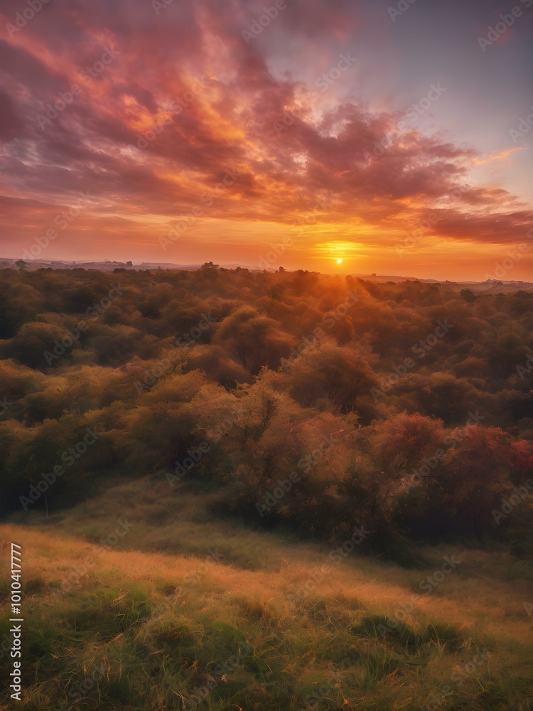 Obraz premium A breathtaking golden hour sky with a warm, golden glow, streaks of orange and pink clouds scattered across the horizon as the sun sets