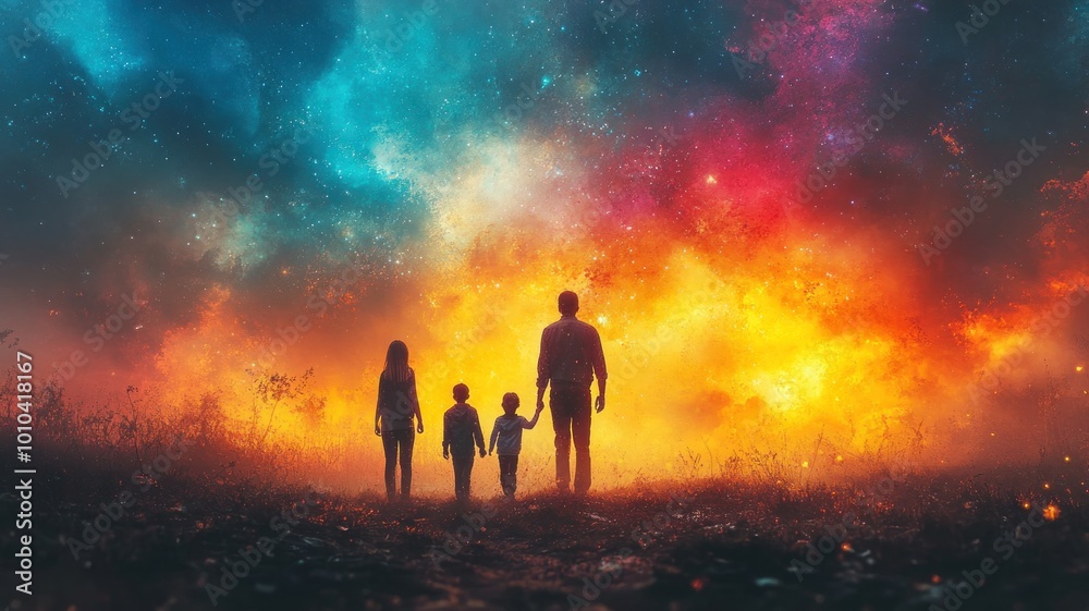 A family silhouette against a vibrant cosmic background. A family silhouette against a vibrant cosmic background.