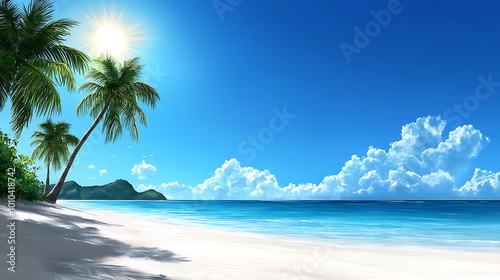 Tropical Beach Paradise with Palm Trees Blue Sky and White Sand