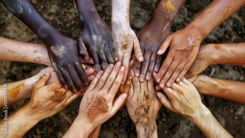 Close up of diverse people hands putting hands together and reaching hands at center. Group of multicultural making stack of hands. Collaboration, teamwork, cooperation, teamwork, supporting. AIG53.