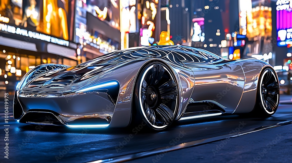 Futuristic Sports Car on City Street at Night Futuristic Sports Car on City Street at Night
