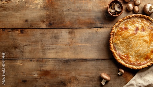 Whole Pie on Rustic Wooden Table with Mushrooms