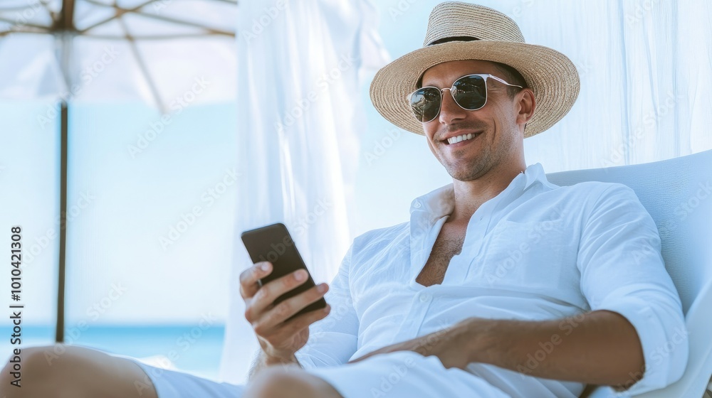 Smiling man in a straw hat and sunglasses using his smartphone at the beach, enjoying a sunny day and relaxing by the ocean Smiling man in a straw hat and sunglasses using his smartphone at the beach, enjoying a sunny day and relaxing by the ocean