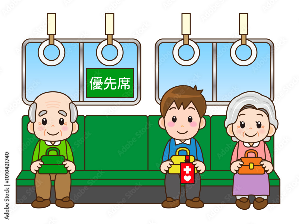 Φωτογραφία 通勤電車の優先席に座る高齢者とヘルプマークを付けた男性のイラスト素材