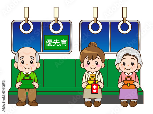 夜の通勤電車の優先席に座る高齢者とヘルプマークを付けた女性のイラスト素材