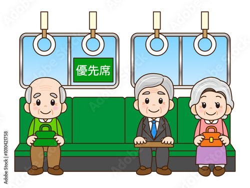 通勤電車の優先席に座る高齢者のイラスト素材
