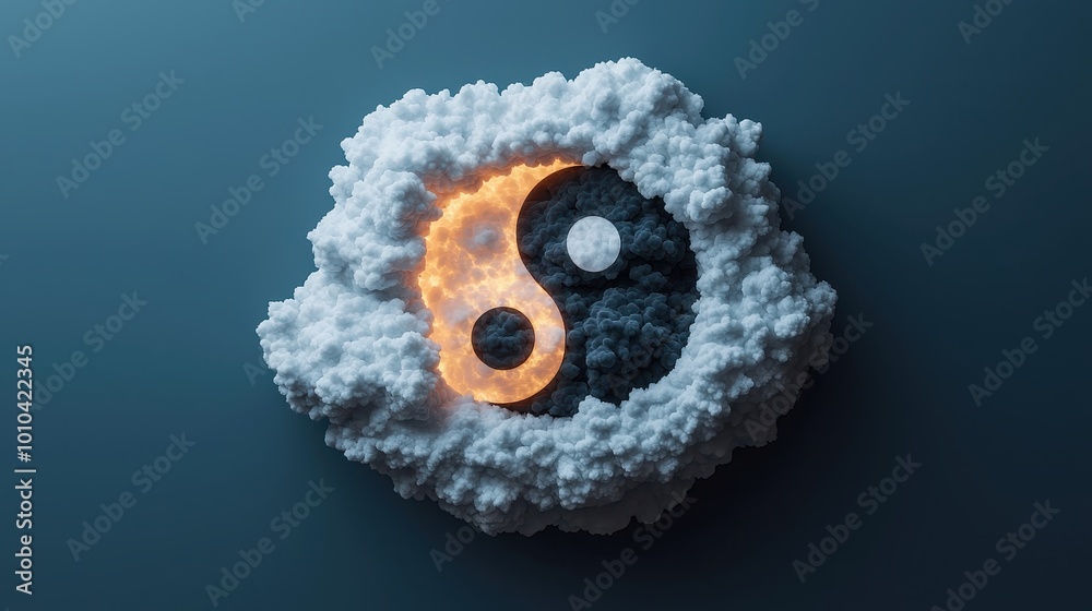 A symbolic representation of balance featuring the yin-yang emblem surrounded by clouds, blending elements of fire and water A symbolic representation of balance featuring the yin-yang emblem surrounded by clouds, blending elements of fire and water
