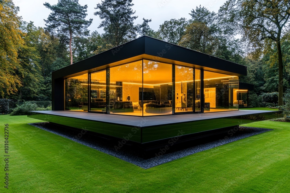 A sleek, modern rural home made of glass and sustainable materials, blending seamlessly with the landscape, representing tomorrow’s rural housing A sleek, modern rural home made of glass and sustainable materials, blending seamlessly with the landscape, representing tomorrow’s rural housing