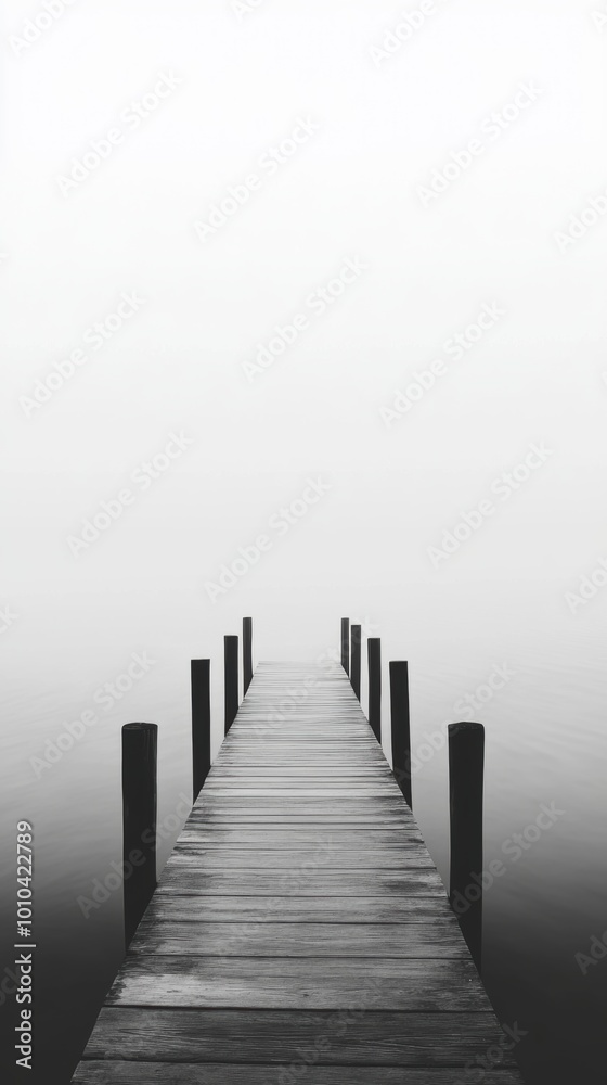 Obraz premium Black and white, A pier extending into a calm sea, no people or boats.