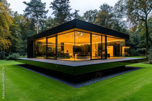 A sleek, modern rural home made of glass and sustainable materials, blending seamlessly with the landscape, representing tomorrowâ€™s rural housing