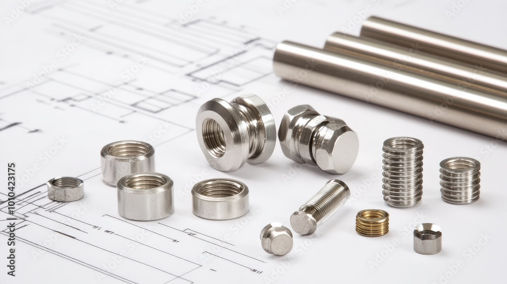 Array of mechanical parts and components precisely arranged on engineering drawings, highlighting the detail and precision involved in mechanical design and manufacturing. Array of mechanical parts and components precisely arranged on engineering drawings, highlighting the detail and precision involved in mechanical design and manufacturing.