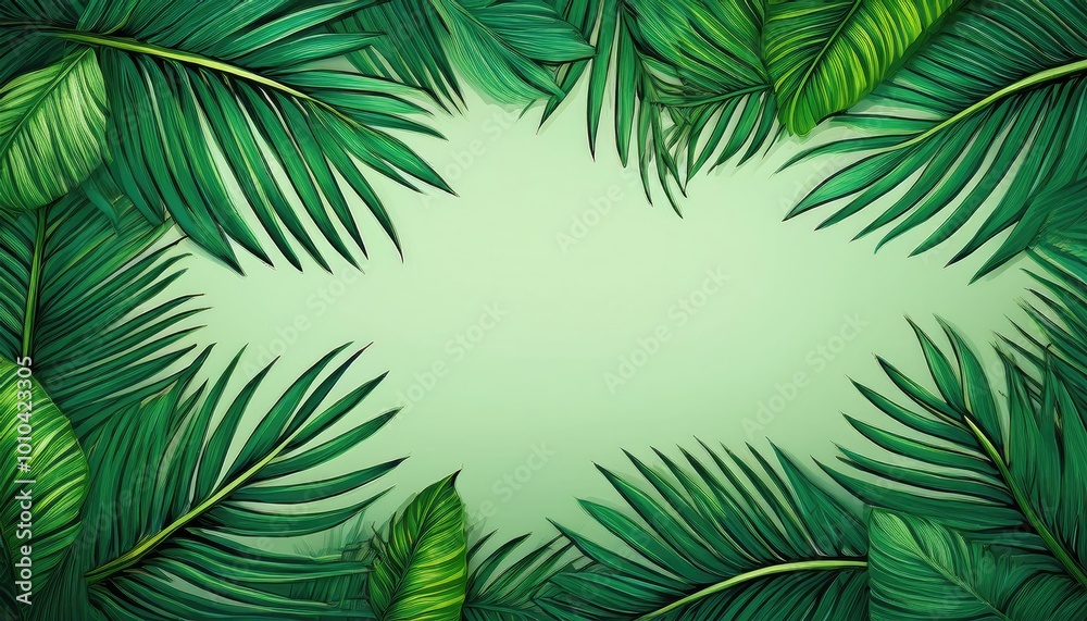 Tropical leaves frame a green background Tropical leaves frame a green background