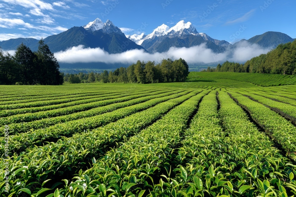 A tea plantation set against a backdrop of tall mountains, with clouds rolling over the peaks, adding to the majestic beauty of the tea-growing region A tea plantation set against a backdrop of tall mountains, with clouds rolling over the peaks, adding to the majestic beauty of the tea-growing region
