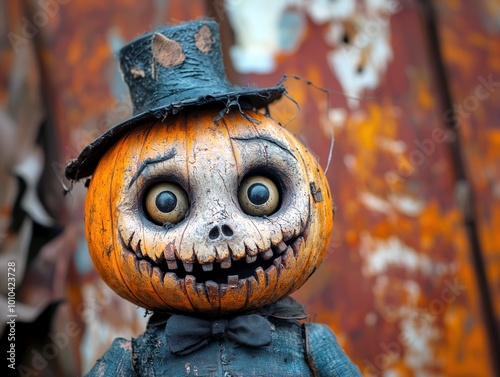 Creepy Jack-o'-Lantern Ventriloquist Doll with Top Hat for spooky Halloween events, haunted houses, or eerie autumn decorations. photo