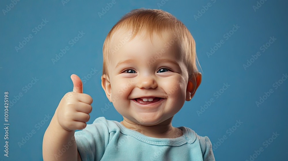 A cheerful baby boy giving a thumbs up, smiling on a blue background, perfect for banner concepts celebrating positivity, joy, A cheerful baby boy giving a thumbs up, smiling on a blue background, perfect for banner concepts celebrating positivity, joy,