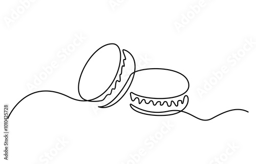 Macaron cookie one continuous line design. Restaurant food menu design concept. Decorative elements drawn on a white background, Macaroons cookies one continuous line art drawing vector illustration