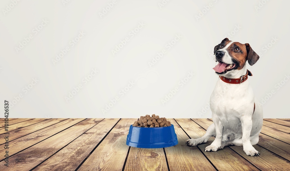 Φωτογραφία Adorable domestic dog with bowl of tasty dry food