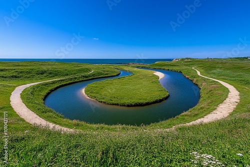 A winding river with only one outlet into the sea, symbolizing that despite all twists and turns, the outcome is predetermined and inevitable under the lens of determinism