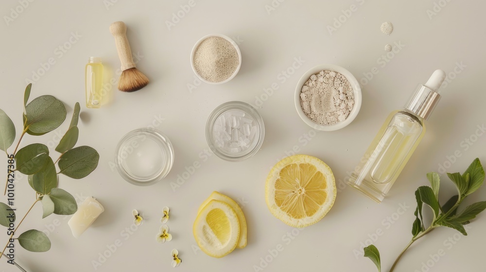 Flat lay of natural skincare ingredients with eucalyptus and lemon. Organic beauty and wellness concept.