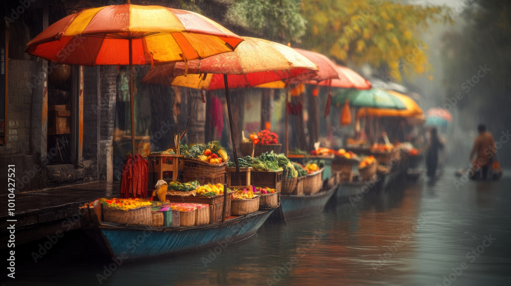 Obraz premium vibrant row of boats shaded by colorful umbrellas, selling fresh vegetables and fruits along serene waterway. scene captures essence of lively market atmosphere, enhanced by gentle rain