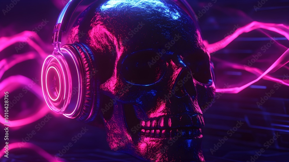 A glowing skull wearing neon headphones, surrounded by holographic sound waves, cyberpunk style, neon colors, futuristic background, 3D rendering A glowing skull wearing neon headphones, surrounded by holographic sound waves, cyberpunk style, neon colors, futuristic background, 3D rendering