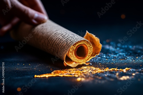 An ancient scroll being unrolled on a dusty desk, with faded writing detailing events from long ago, symbolizing the preservation of history photo